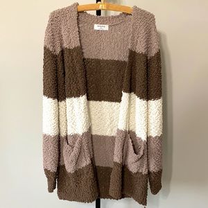 Zenana Stripped Color Block Cardigan w/ Pockets, Mocha Mix
